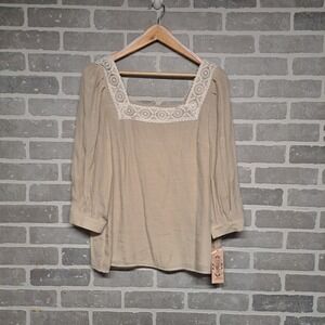 Nanette Lepore Tan Embroidered Square Neck 3/4 Sleeve Peasant Blouse Size M NWT